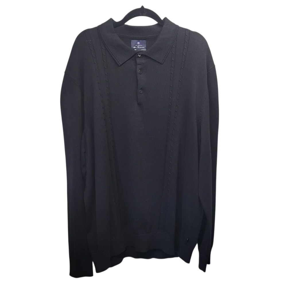 Ben Sherman Mens Black 100% Cotton Cable Knit Long Sleeve Polo Sweater 2XL NWT